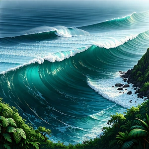 Nature Unreal Engine: Ocean Waves Surrounded By Lush Vegetation With Painting Large
