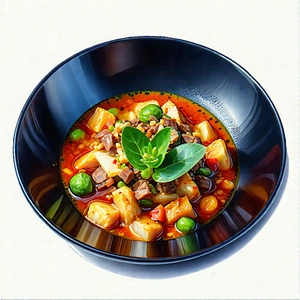 Lifestyle Gouache Painting: Plant-based Dish Prepared With Organic Components With Bowl Soup