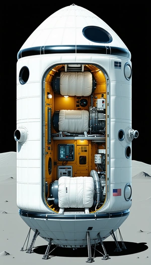 A Space Station Is Shown In A 3d Model, With A Large White And Orange Spacecraft