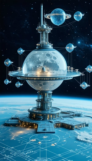 A Futuristic Space Station With A Large, Round, Glass Dome At The Top