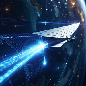 A Blue And White Spaceship Is Shown Flying Through The Air, With A Blue Beam Of Light Coming From It