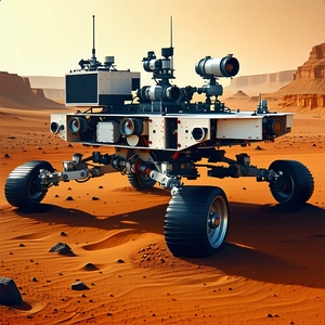 A Large, White, And Silver Robotic Vehicle With A Large Tire On The Front
