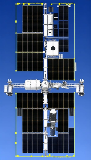 A Space Station Is Shown In A Blue Sky, With A Large Satellite Attached To The Side Of It