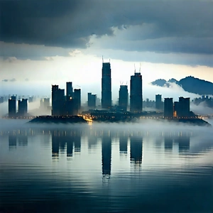Urban Concept Art: Cityscape Of Urban Skyline During Foggy Morning With Large City