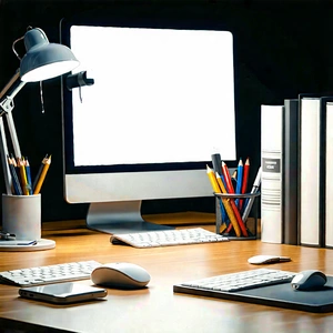 Business Cinema 4d: Workplace With (modern:1.5) Office Supplies On Desk With Desk Computer