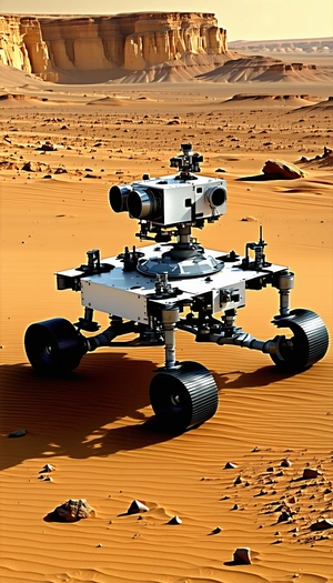 A Large Robotic Vehicle With A Camera On Top, Sitting On A Sandy Surface