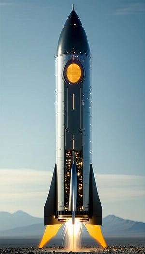 A Large, Futuristic Rocket Ship Is Shown In A Blue Sky