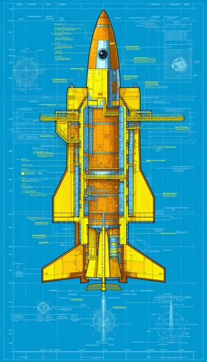 A Yellow And Orange Space Shuttle Is Shown In A Blue And White Drawing