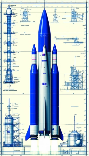 A Blue Rocket Ship Is Shown In A Drawing, With A Smaller Rocket Ship Attached To The Side