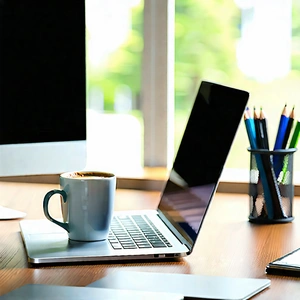 Business 3D Render: Workplace with laptop and coffee on desk