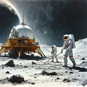 In The Image, There Are Two Astronauts Standing On The Moon, Wearing White Suits