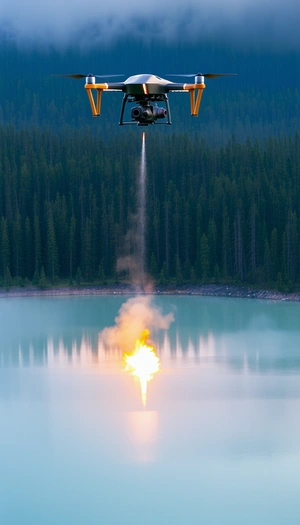 A Helicopter Flying Over A Lake, With A Trail Of Smoke Coming From It