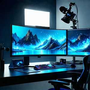 Business Digital Art: Creative Professional Using Multiple Monitors With Large Computer