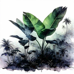 Nature Charcoal Drawing: Tropical plants in misty environment