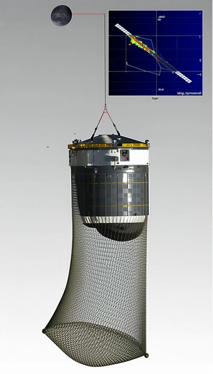 A Large Satellite Dish Is Being Lifted Into The Air By A Crane