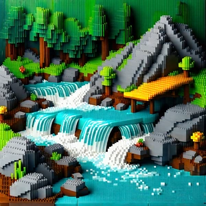 Nature Voxel Art: Mountain stream surrounded by rocky shores
