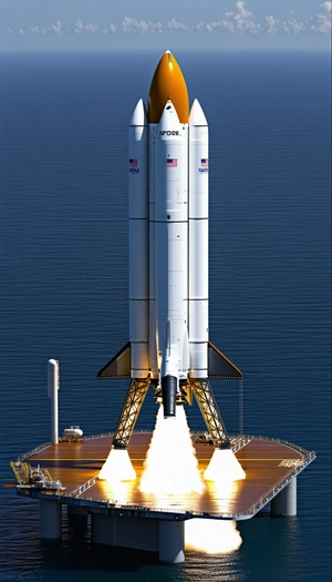 A Large White Space Shuttle On A Platform, With Its Engines On
