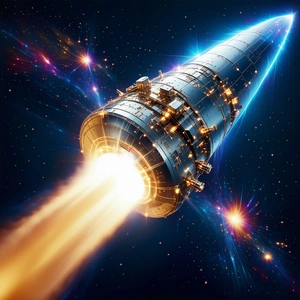 A Space Shuttle Flying Through The Sky, With A Bright Blue Background
