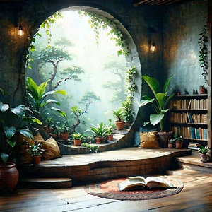 Lifestyle Etching: Reading Nook With Plants And Natural Elements With Image, There