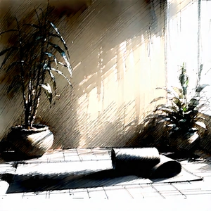 Lifestyle Charcoal Drawing: Wellness scene with yoga mat and plants