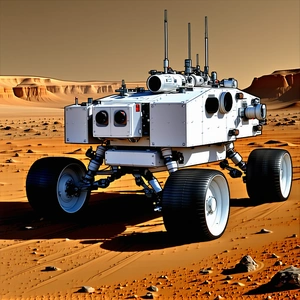 A White Robot Is Sitting On A Dirt Road, With A Rocky Terrain In The Background