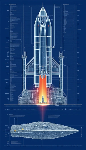 A Space Shuttle Is Shown In A Blue And White Drawing, With The Shuttle's Booster Rockets Attached