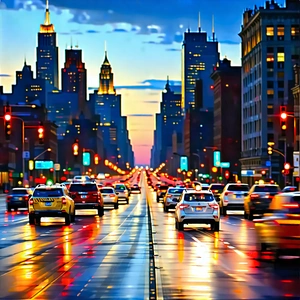 Urban Acrylic Painting: Cityscape Of Modern Metropolis During Rush Hour With Captures Busy