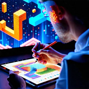 Business Voxel Art: Education professional using (digital:1.13) tablet