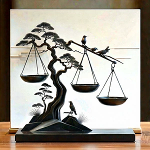 Abstract Sumi-e Painting: Metal Sculpture With Balance With Black White