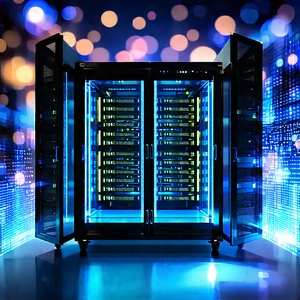 Server Rack With Holographic Projection With Large Blue