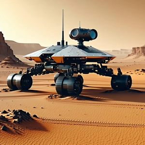 A Large Robotic Vehicle Is Sitting On A Dirt Surface, Possibly In A Desert