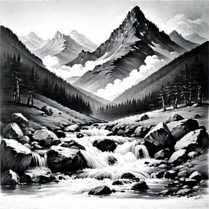 Nature Charcoal Drawing: Mountain Stream Surrounded By Rocky Shores With Painting Mountainous