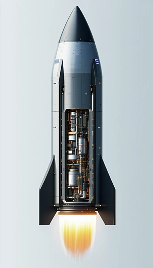 A Rocket Ship Is Shown In A 3d Model, With Its Engine And Fuel Tanks Visible