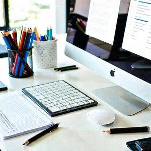 Business Lithograph: Workplace with modern office supplies on desk