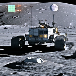 A White Vehicle Is Driving On The Moon, With A Large Satellite Dish On The Back