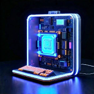 Quantum Computer With Neon Accents With Computer Keyboard