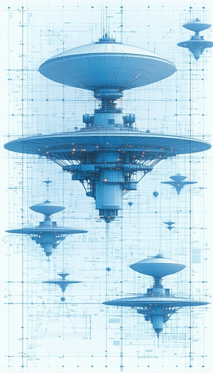 A Futuristic Cityscape With A Large, Blue, Circular Structure In The Center