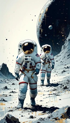 In The Image, There Are Two Astronauts Walking On A Rocky Surface, Possibly On The Moon
