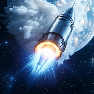 A Rocket Is Flying Through The Sky, Leaving A Trail Of Smoke Behind It