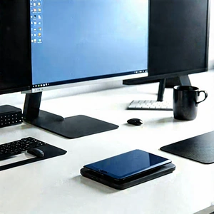 Business Flat Design: Workplace with (digital:1.21) (devices:1.18) on desk