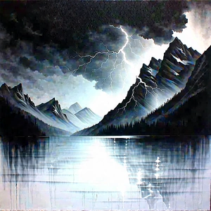 Nature Charcoal Drawing: Lightning Over Alpine (lake:1.49) With Beautiful Mountain
