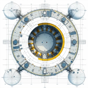 A Blue And Yellow Drawing Of A Space Station Is Shown