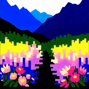 Nature Lithograph: Mountain stream surrounded by wildflowers