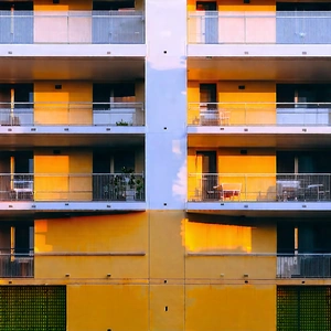 Urban Editorial Photography: Modern apartment complex with minimalist (design:1.35)