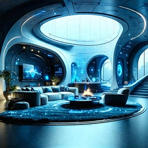 Tech Stock Photography: (futuristic:1.11) Smart Home With Futuristic Living