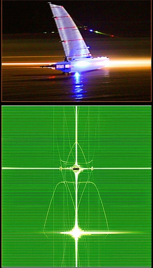 A Jet Is Flying Through The Sky, Leaving A Trail Of Light Behind It