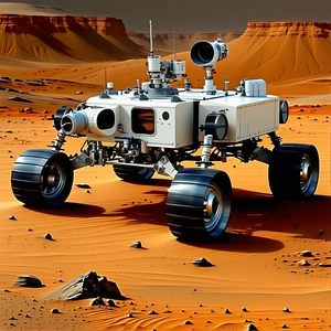 A White Robot Is Driving On A Red Dirt Road