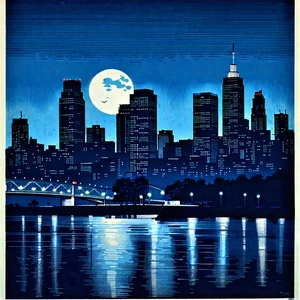 Urban Linocut Print: Cityscape Of Urban Skyline During Night With Nighttime Cityscape