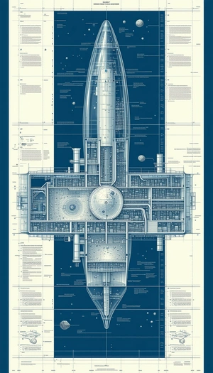 A Blue And White Drawing Of A Space Ship Is Displayed On A Wall