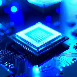 Microchip With Blue Light Glow With Close-up Blue